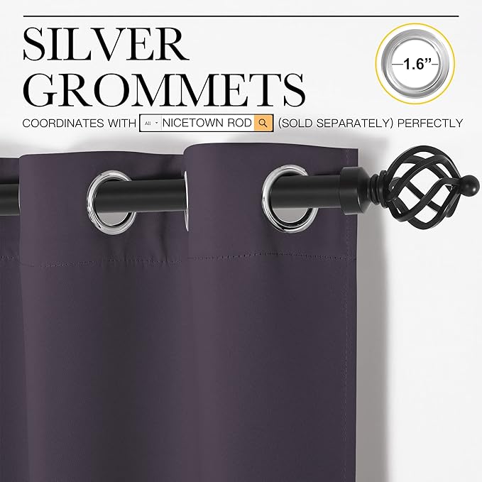 NICETOWN Blackout Curtain Panels for Bedroom, 2 Panels, Greyish Purple, W42 x L40-inch, Thermal Insulated Grommet Top Blackout Draperies and Drapes for Basement
