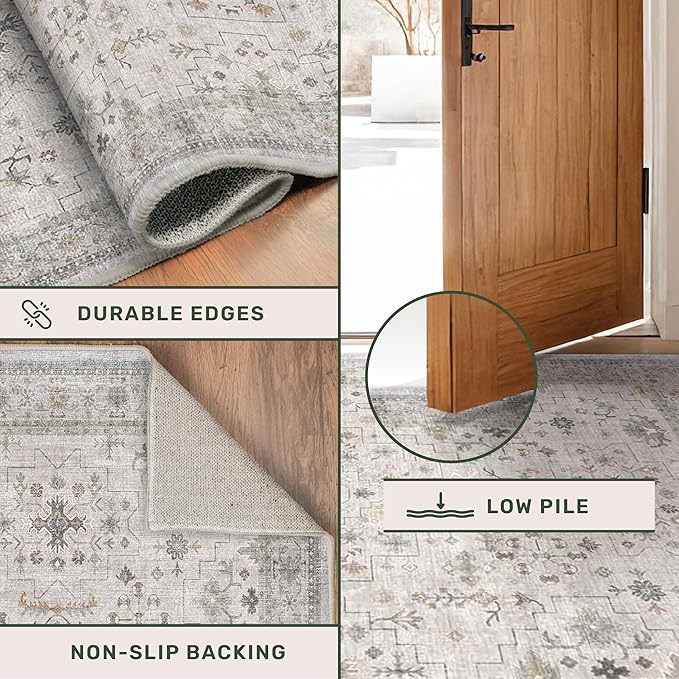 Hazo Haus Boho Light Grey 5x7 Living Room Rug - Modern Vintage Eclectic Floral Pastel Neutral Taupe, Washable Low Pile Non-Slip Large Area Rugs for Nursery Dining Under Table Bedroom Lounge