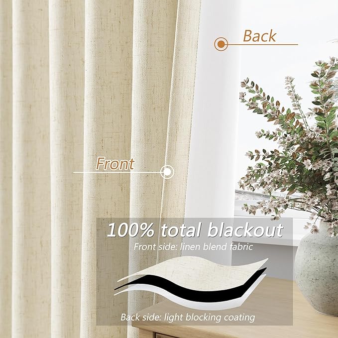 Guken 100% Blackout Curtains 80 Inch Length 2 Panels Set for Living Room Bedroom Back Tab Thermal Insulated Black Out Linen Drapes Room Darkening Window Curtains 80 Inches Long,Warm Beige