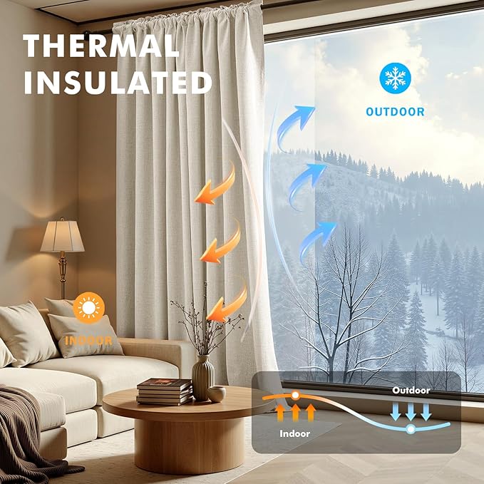MIULEE 100% Blackout Linen Curtains for Bedroom, Linen Beige Solid Luxury Decor Thermal Insulation Room Darkening Drapes for Living Room Nursery Back Tab Rod Pocket 42 x 72 Inches, 2 Panels