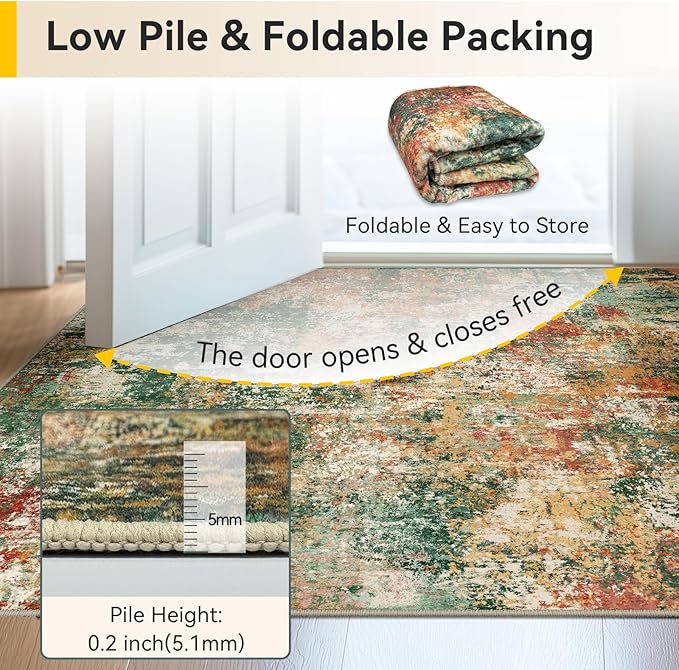 Washable Area Rugs Square 8ft Non-Slip Modern Abstract Soft for Living Room Entryway Bedroom Nursery, Print Pattern, Green Orange Rust Red Cream Colorful