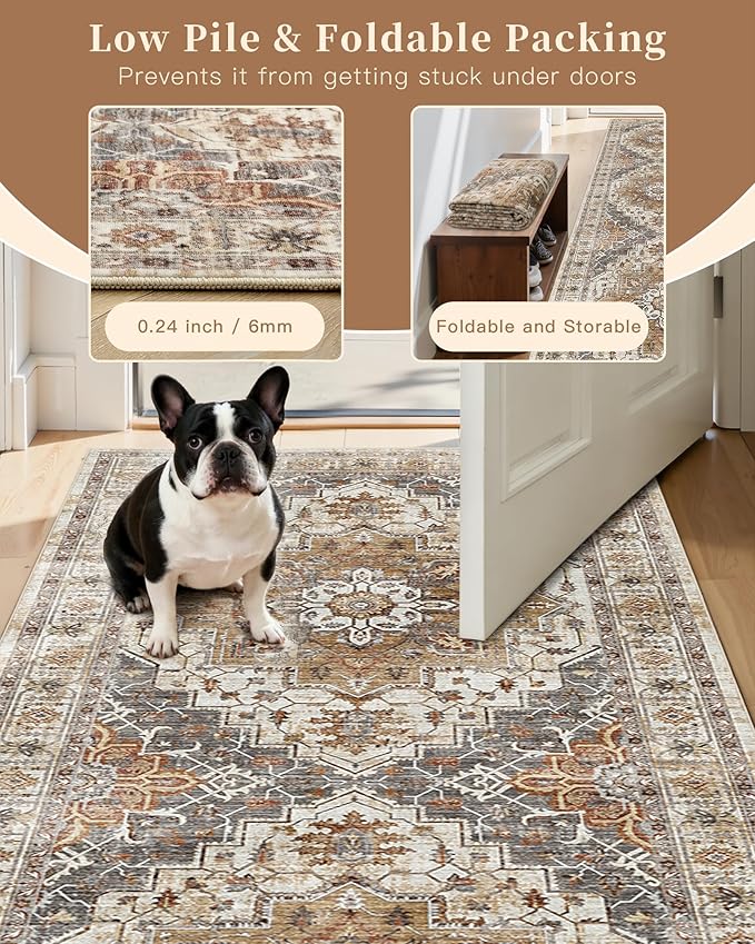 Madane 4x10 Wide Hallway Runner Rug: Washable Soft Rug Runners for Living Room Bedroom, Stain Resistant Low Pile Area Rugs Thin Non Slip Floor Carpet for Ktichen Dining Room (Turmeric/Grey,4x10)