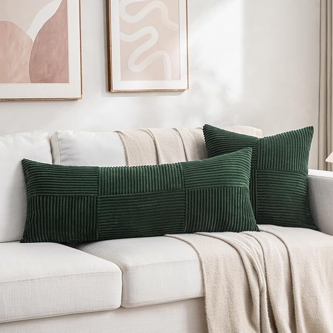 Fancy Homi Set of 2 Dark Green Boho Long Lumbar Body Decorative Throw Pillow Cover 14x36 Inch for Bed Couch Bedroom Bench, Soft Patchwork Corduroy Textured Pillow Case, Rustic Farmhouse Room Decor