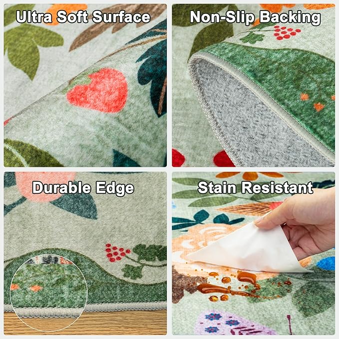 8x10 Area Rugs for Living Room: Floral Washable Rug Vintage Large Soft Boho Non-Slip Carpet Indoor Stain Resistant Low Pile Carpets for Bedroom Dining Room Farmhouse Nursery Hallway Home Office Green