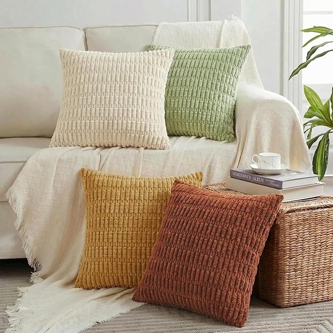 Fancy Homi 4 Packs Fall Decorative Throw Pillow Covers 16x16 Inch for Living Room Couch Bed Sofa, Rustic Farmhouse Boho Home Decor, Soft Plush Striped Corduroy Square Cushion Case 40x40 cm