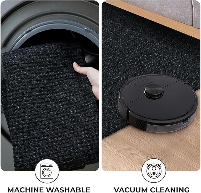 KOZYFLY Long Runners for Hallways 3x12 ft Washable Kitchen Runner Non Slip Rubber Backed Hallway Rugs Cotton Entryway Runner Rug Floor Carpet for Indoor Hall, Backdoor, Kitchen, Black/Dark Grey
