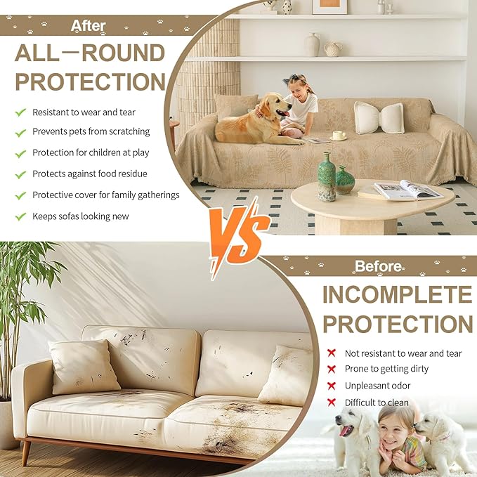 HANDONTIME Washable Couch Covers for Sofa Boho Couch Covers for 3 Cushion Sofa Pet Friendly Camel Chenille Jacquard Couch Protector for Dogs Plant Branch Sectional Cover Sofa Slipcovers, 71" X 150"