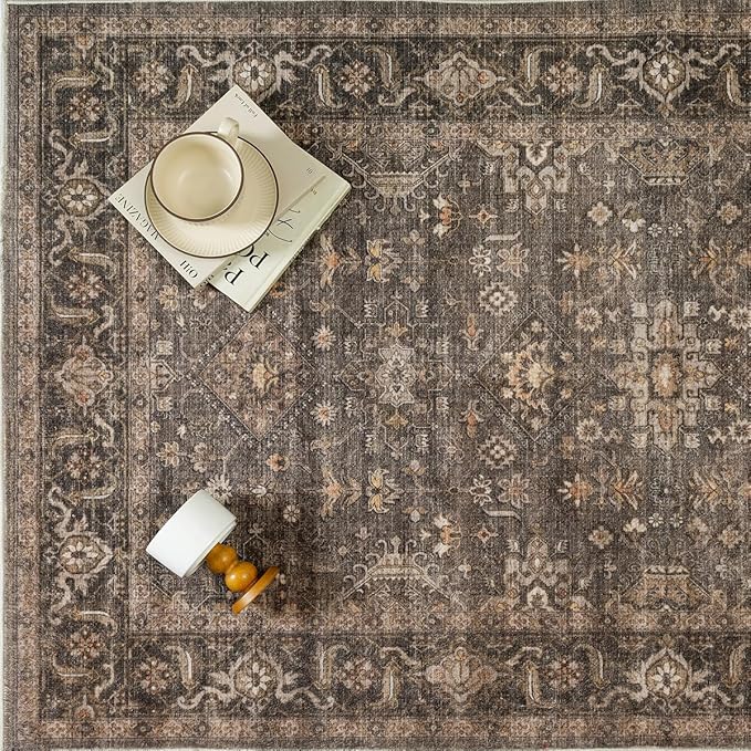 2x10 Washable Runner Rug for Hallway Kitchen Vintage Brown Non Slip Low Pile Carpet Traditional Retro Soft Throw Rug for Bathroom Bedroom Entryway Indoor Entrance