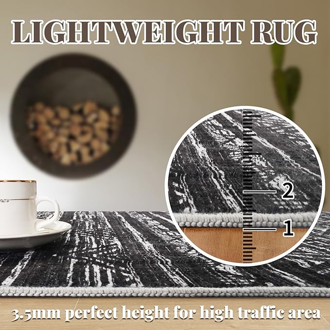 3x4 Washable Entryway Area Rug: Moroccan Small Runner Rug for Hallway Soft Modern Non Slip Door Mat with Rubber Backing Low Pile Thin Floor Carpet for Kitchen Bathroom Bedroom Indoor 3x4 Black