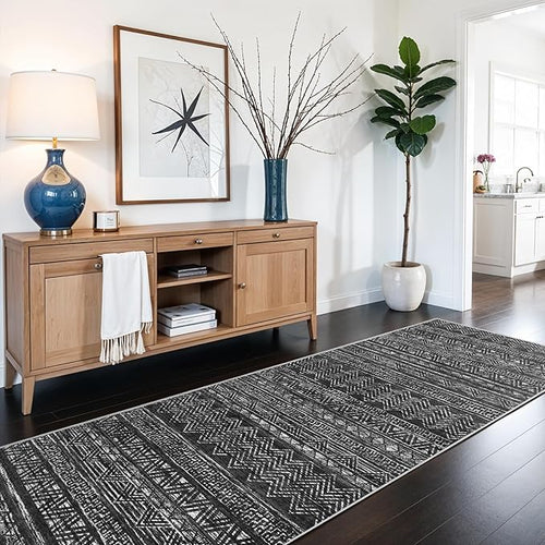 3x6 Washable Hallway Runner Rug - Moroccan Non-Slip Long Runners for Entryway Soft Modern Geometric Low-Pile Rugs for Kitchen Waterproof Neutral Carpet for Bedroom Bathroom Laundry 3x6 Black