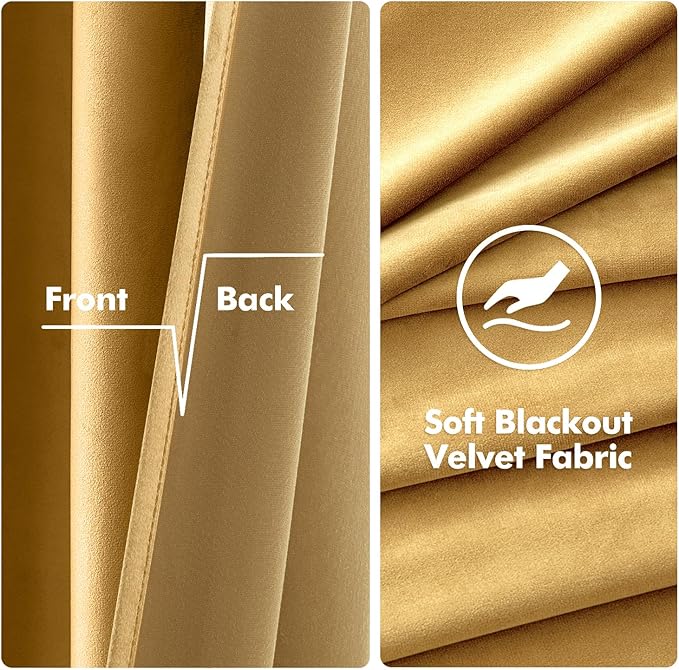 MIULEE Velvet Curtains Golden Elegant Grommet Thermal Insulated Soundproof Room Darkening Curtains/Drapes for Classical Living Room Bedroom Decor 52 x 90 Inch Set of 2
