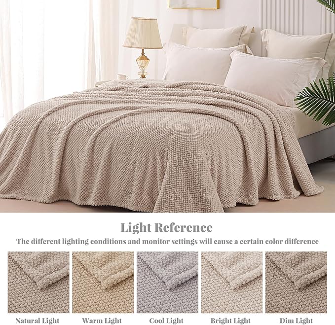 Whale Flotilla Queen Size Fuzzy Fleece Blanket for Bed, 90x90 Inch Fluffy Warm Soft Jacquard Blankets for All Season, Lightweight and Cozy, Camel