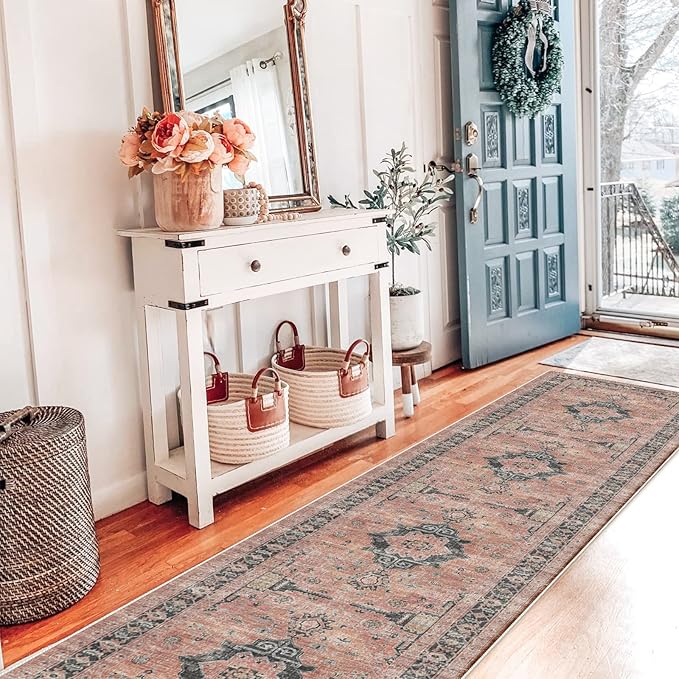 Hallway Washable Runner Rug - 2x10 Kitchen Rugs Entryway Rug Runner Vintage Soft Floor Mat Non Slip Indoor Farmhouse Carpet for Bathroom Living Room Bedroom (2 X 10, Orange)
