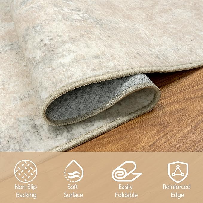 Runner Rug for Hallways Kitchen 2'6"x8' Washable Non Slip: Carpet Non Skid 8ft Entryway Rubber Backed 8 Feet Neutral Abstract Modern Rug Low Pile Pet Friendly Indoor Beige Grey
