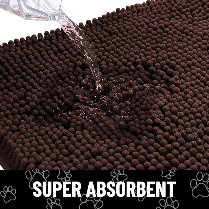 Smiry Dog Door Mat for Muddy Paws, Absorbent Dirt Trapper Non Slip Quick Dry Washable Chenille Mat for Mud Dogs, Entry Rug for Indoor and Outdoor (59x32 Inches, Brown and White)