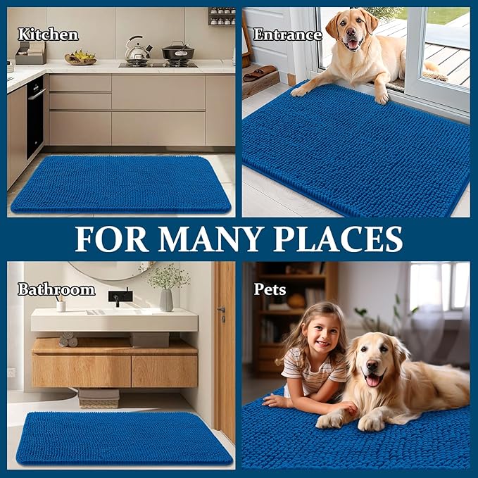 OLANLY Dog Door Mat for Muddy Paws 30x17, Absorbs Moisture and Dirt, Absorbent Non-Slip Washable Doormat, Quick Dry Chenille Mud Mat, Entry Indoor Entryway Carpet for Inside Floor, Deep Navy Blue