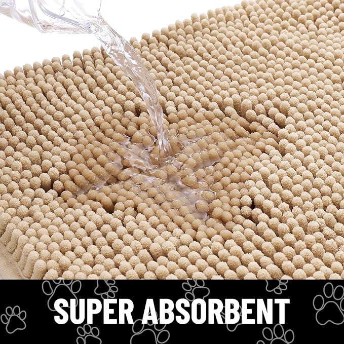 Smiry Dog Door Mat for Muddy Paws, Absorbent Dirt Trapper Non Slip Quick Dry Washable Chenille Mat for Mud Dogs, Entry Rug for Indoor and Outdoor (70x35 Inches, Beige and White)
