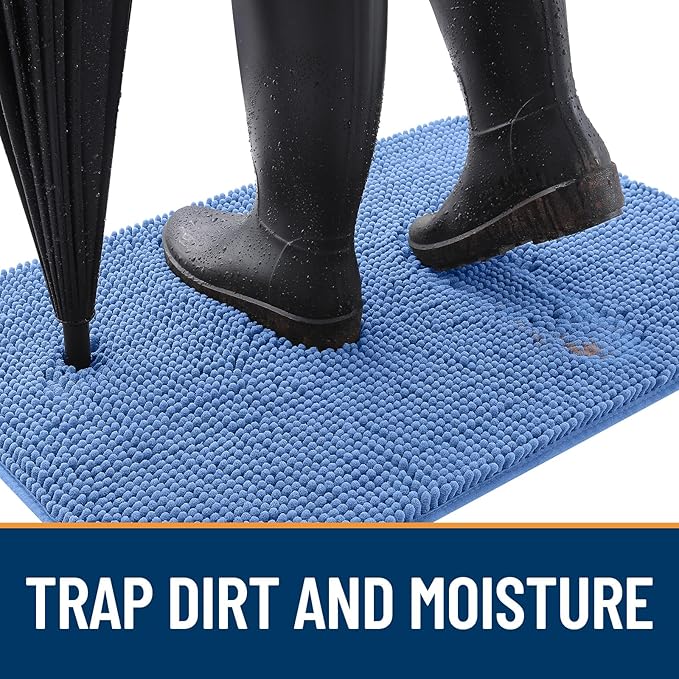 OLANLY Dog Door Mat for Muddy Paws 45x27, Absorbs Moisture and Dirt, Absorbent Non-Slip Washable Doormat, Quick Dry Chenille Mud Mat, Entry Indoor Entryway Carpet for Inside Floor, Cornflower Blue