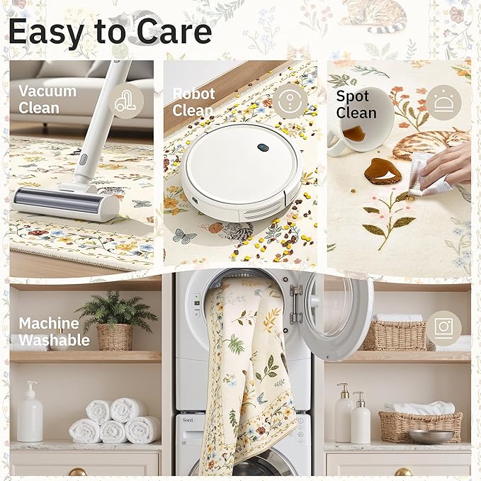 Cat 5x7 Area Rugs for Living Room, Machine Washable Animal Floral Vintage Rug Non-Slip Low Pile Soft Throw Rugs for Kitchen Dining Room Bedroom Nursery Playroom (5 x 7,Beige)