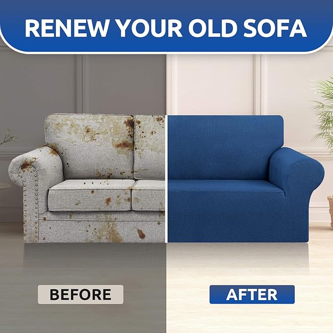 KEKUOU Stretch Oversized Sofa Slipcover 1 Piece Couch Sofa Cover (94"-110") Furniture Protector 4 Seater Sofa with Elastic Bottom for Kids,Pet.Jacquard Checked Pattern Fabric(X Large,Classic Blue)