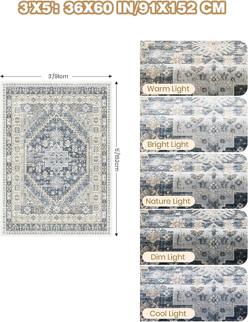 3x5 Washable Area Rug for Entryway, Kitchen Rugs Non Slip for Dining Room, Vintage Floral Soft Living Room Rug, Thin Area Rug Indoor for Bedroom, Kids Room Decor(Blue/Beige,3'x5')