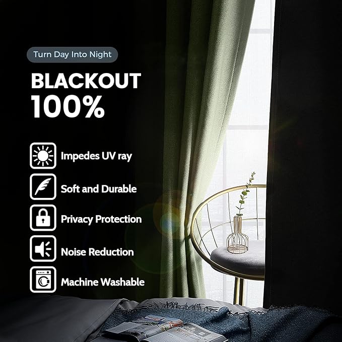 SimpleHome 100% Blackout Curtains for Bedroom,Thermal Insulated Grommet Window Drapes Room Darkening Sage Curtains for Living Room with Black Back,42 x 84 Inch,2 Panels