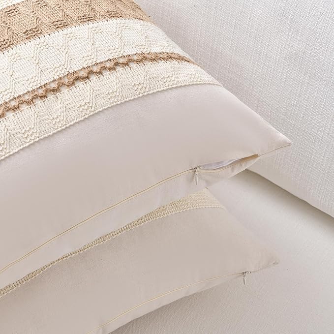 Fancy Homi Set of 1 Boho Neutral Decorative Throw Pillow Cover 18x18 Inch for Couch Bed Sofa, Aesthetic Modern Organic Farmhouse Home Decor, Soft Cotton Cute Accent Macrame Woven Tan Cushion Case