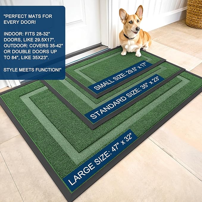 OLANLY Front Door Mat Indoor Outdoor Entrance, Waterproof All-Season, All-Weather Doormat, Sturdy Natural Rubber, Fade Resistant, Low Profile, Easy Clean Patio Porch Entryway Mat, 36x24, Green