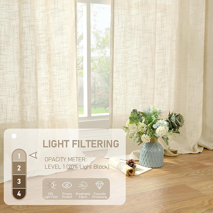 LAMIT Short Window Linen Curtains 48 Inch Length 2 Panels, Beige Light Filtering Panels Back Tab and Rod Pocket Neutral Drapes for Bathroom/Loft Room, 34 x 48 Inch