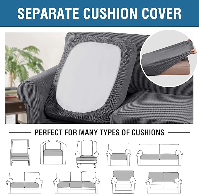 H.VERSAILTEX 4 Piece Stretch Sofa Covers for 3 Cushion Couch Covers for Living Room Furniture Slipcovers (Base Cover Plus 3 Seat Cushion Covers) Upgraded Thicker Jacquard Fabric (XL Sofa, Grey)