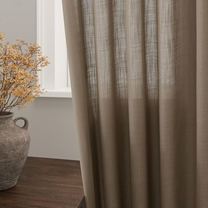 Nanspring Dark Taupe Semi Sheer Curtains 72 Inches Long 2 Panels Set for Bedroom Back Tab Rod Pocket Light Filtering Privacy Drapes Cotton Linen Textured Farmhouse Living Room Curtain 52X72 Inches