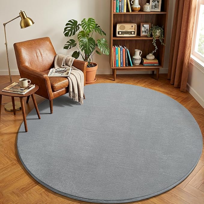 Amearea Grey Round Area Rugs 5ft Washable Circle Rugs for Bedroom Living Room, Fluffy Indoor Thickened Memory Foam Rug, Non Slip Minimalist Circular Carpet for Kids Boys Girls Dorm Nursery Room Decor