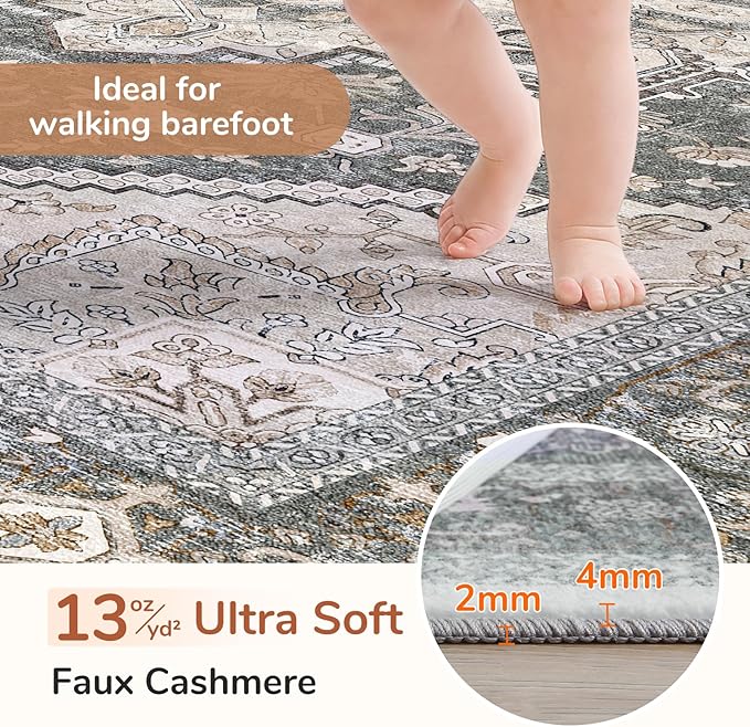 OPPODREAM Soft Area Rugs 5x7, 5x7 Washable Rug with Non Slip Backing, 5 x 7 Faux Cashmere Low-Pile Carpet, Greenish Grey