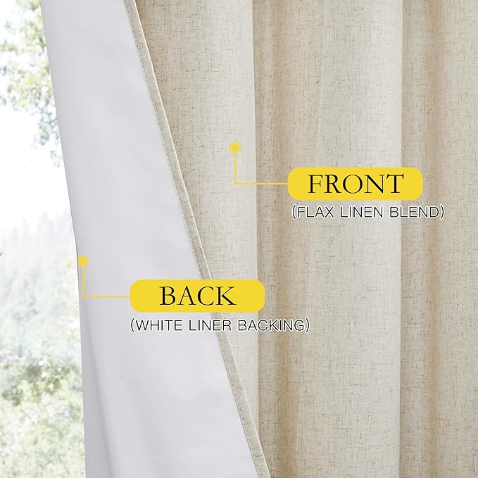 NICETOWN Extra Long Natural Linen 100% Blackout Curtains 120 inches Length 2 Panels Set with Thermal Insulated Liners, 62" Width, Farmhouse Style Window Draperies for Patio Sliding Glass Door