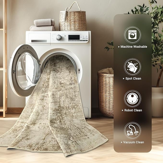 LEPEII 8x10 Area Rugs, Machine Washable Low Pile Rugs for Living Room, Modern Abstract Area Rugs for Bedroom, Large Area Rug with Non-Slip Backing for Dining Room-Beige
