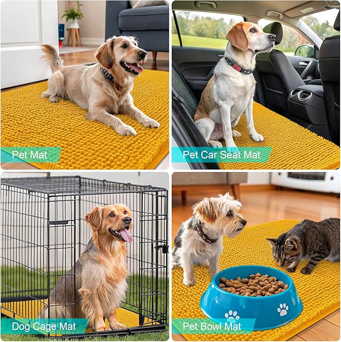 OLANLY Dog Door Mat for Muddy Paws 47x20, Absorbs Moisture and Dirt, Absorbent Non-Slip Washable Doormat, Quick Dry Chenille Mud Mat, Entry Indoor Entryway Carpet for Inside Floor, Golden Yellow