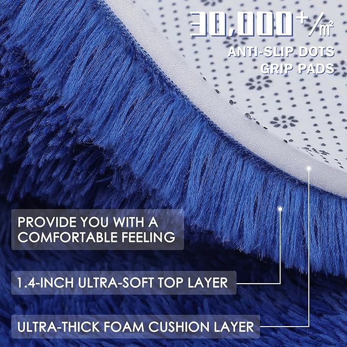 OLANLY 5x5 Area Rugs for Living Room Bedroom, Machine Washable Soft Fluffy Shaggy Bedside Rug, Indoor Floor Carpet for Kids Girls and Boys, Dorms, Nursery Rooms, Home Decor Aesthetic, Navy Blue
