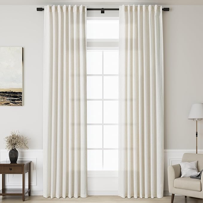 Nanspring Cream Extra Long Curtain 130 inches Long 2 Panels Set for Living Room Back Tab Modern Farmhouse Coastal Decor Cotton Textured Cream Sheer Linen Curtains for High Window 52x130