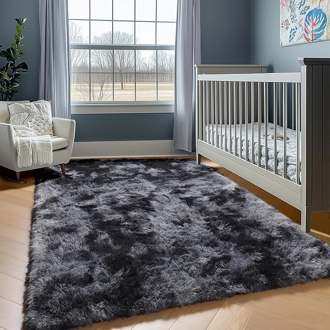 ONASAR Area Rugs for Bedroom Living Room, Fluffy Tie-Dyed Dark Grey 4x6 Indoor Bedside Floor Throw Rug, Soft Plush Shaggy Carpet for Nursery Kids Girls Boys Teen Dorm Home Office Decor