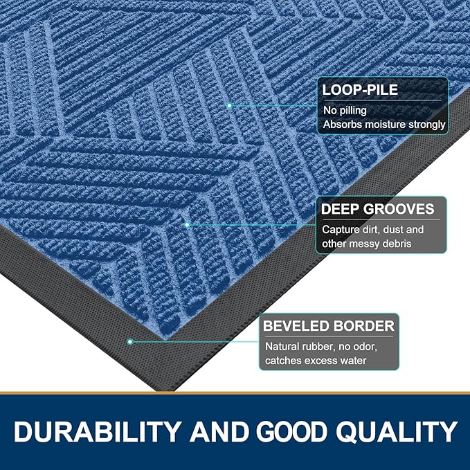 Smiry Front Door Mat Outside Entrance, Heavy Duty Sturdy Natural Rubber Doormat, Trap Dirt and Moisture, Easy Clean Low Profile Mats for Indoor Outdoor Entry, Irregular Triangle (71x47, Blue)