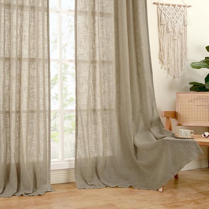 LAMIT Taupe Linen Curtains for Bedroom, 72 Inch Length Light Filtering Semi Sheer Panels Back Tab and Rod Pocket Neutral Drapes for Living Room, 2 Panels, 34 x 72 Inch