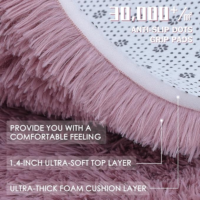 OLANLY Blush Round Rugs for Bedroom - Machine Washable, 7 ft Circle Area Rugs for Living Room, Soft and Fluffy Shaggy Carpet for Teen Girls and Boys, Nursery Rooms, Dorms, Home Decor Aesthetic