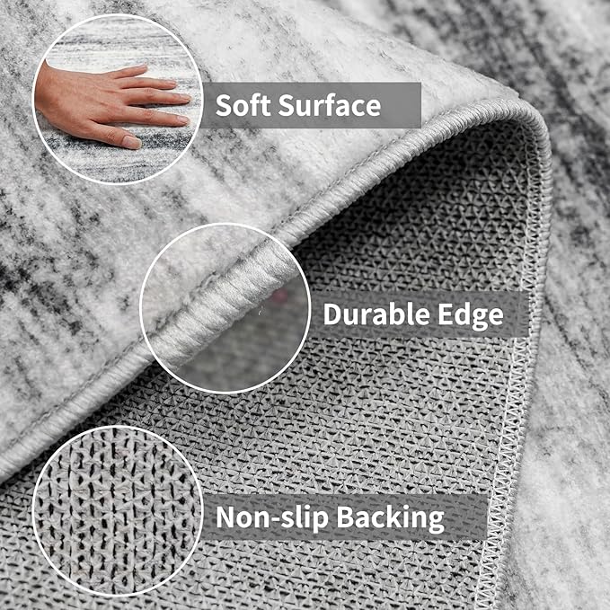3x5 Area Rug Non-Slip: Washable Rugs for Hallway Entryway Kitchen Living Room Bedroom - Easy-to-Clean Stain and Water Resistant Carpet - Soft Low-Pile Throw Mat Grey
