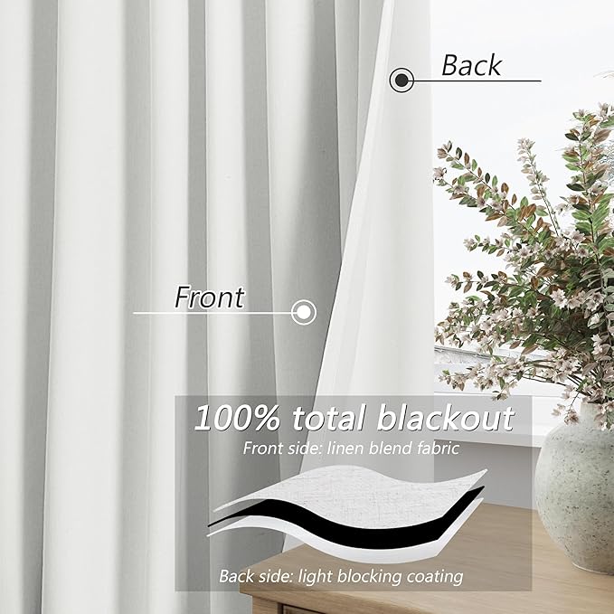 Guken White 100% Blackout Linen Curtains 42 Inch Wide by 72 Inch 2 Panels Set for Living Room Bedroom Back Tab Thermal Insulated Black Out Linen Drapes Room Darkening Window Curtains