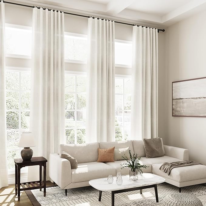Extra Long Curtains 120 inch Length 2 Panels Back Tab Neutral Farmhouse Drapes Light Filtering Semi Sheer Linen Curtain 120 inches Long for Floor to Ceiling Window Patio Sliding Door Cream 10 FT