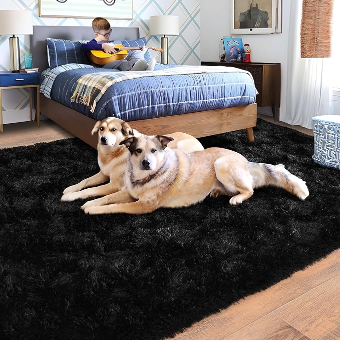 Black Rugs for Living Room 10x14, Soft Shaggy Modern Shag Area Rug for Bedroom, Upgrade Non-Slip Plush Fluffy Carpet for Kids Boys Girls Room Home Decor Aesthetic