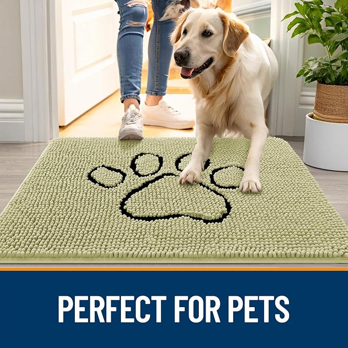 OLANLY Dog Door Mat for Muddy Paws 36x24, Paw Print Design, Absorbs Moisture and Dirt, Absorbent Non-Slip Washable Doormat, Quick Dry Chenille Mud Mat for Dogs, Entry Indoor Entryway Carpet, Vanilla
