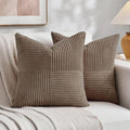 Fancy Homi Set of 2, Light Brown Patchwork Corduroy Decorative Soft Striped Modern Accent Cushion Case Farmhouse Boho Neutral Throw Pillow Covers for Chair Couch Bed Sofa Living Room 18x18 Inch