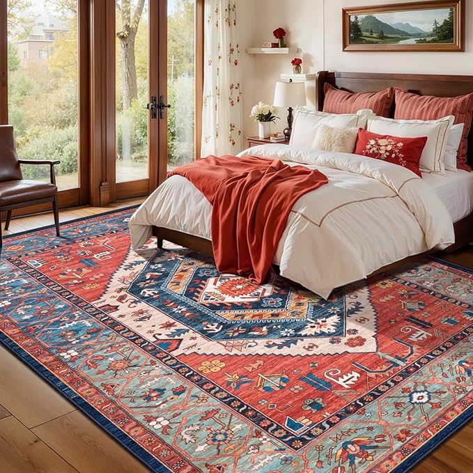 SERISSA 7x9 Area Rugs for Living Room, Large Washable Non-Slip Boho Rug, Ultra Soft Vintage Rust Oriental Tribal Print Distressed Carpet for Dining Room Bedroom Dorm Office Home Decor