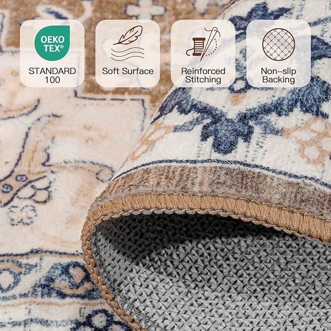 Lofus 6ft Area Rugs for Living Room, Washable Area Rug, Rugs for Bedroom, Kitchen, Vintage Boho Carpet, Soft Non-Slip, Low Pile Large Area Rug for Office Dining Room, Floral Brown